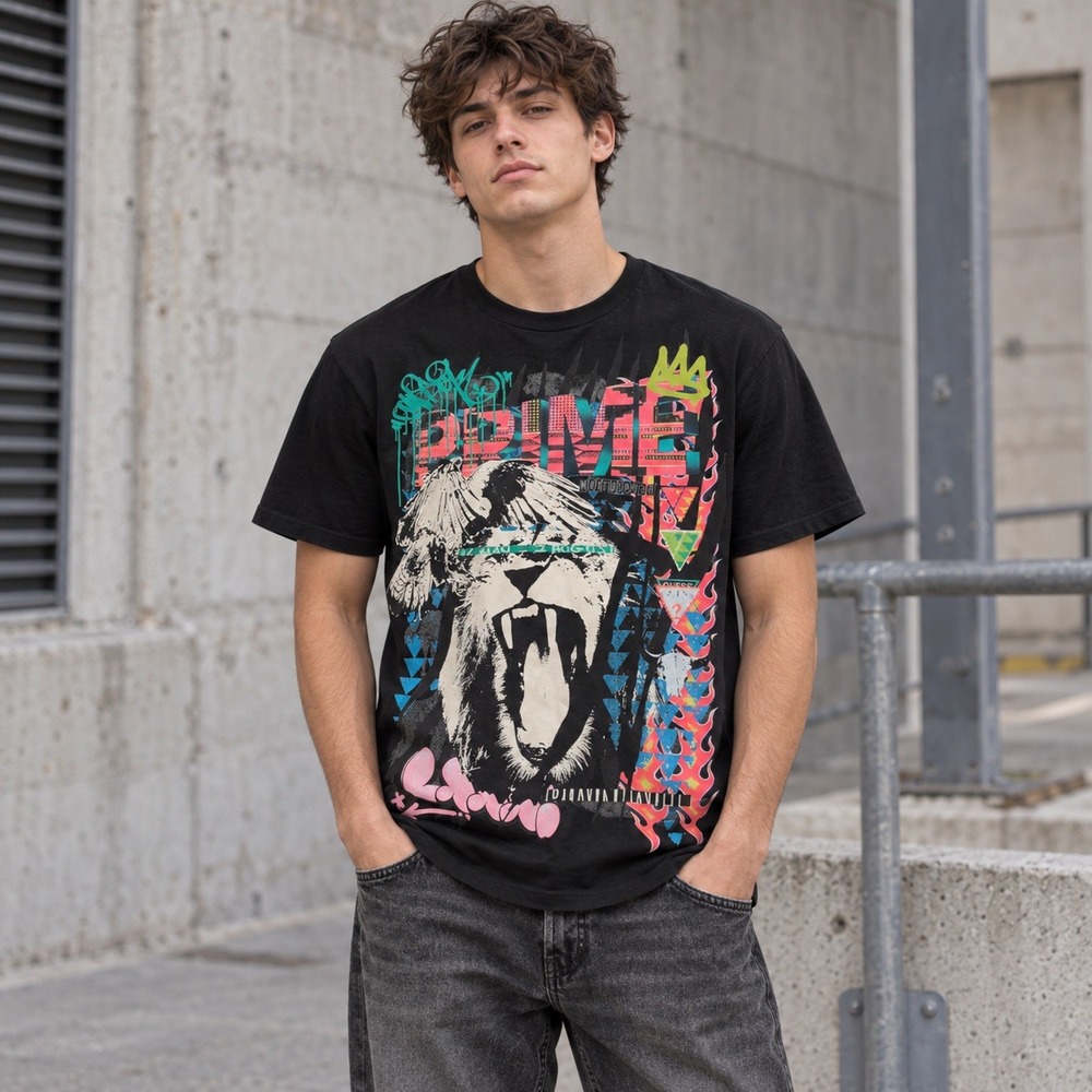 GUESS Los Angeles Mens Large Black Graphic Tee Lion Graffiti Streetwear Shirt